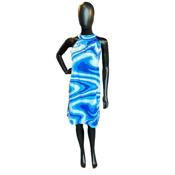 Blue Swirl Satin Halter Mid-Length Dress - Picture 1 of 5